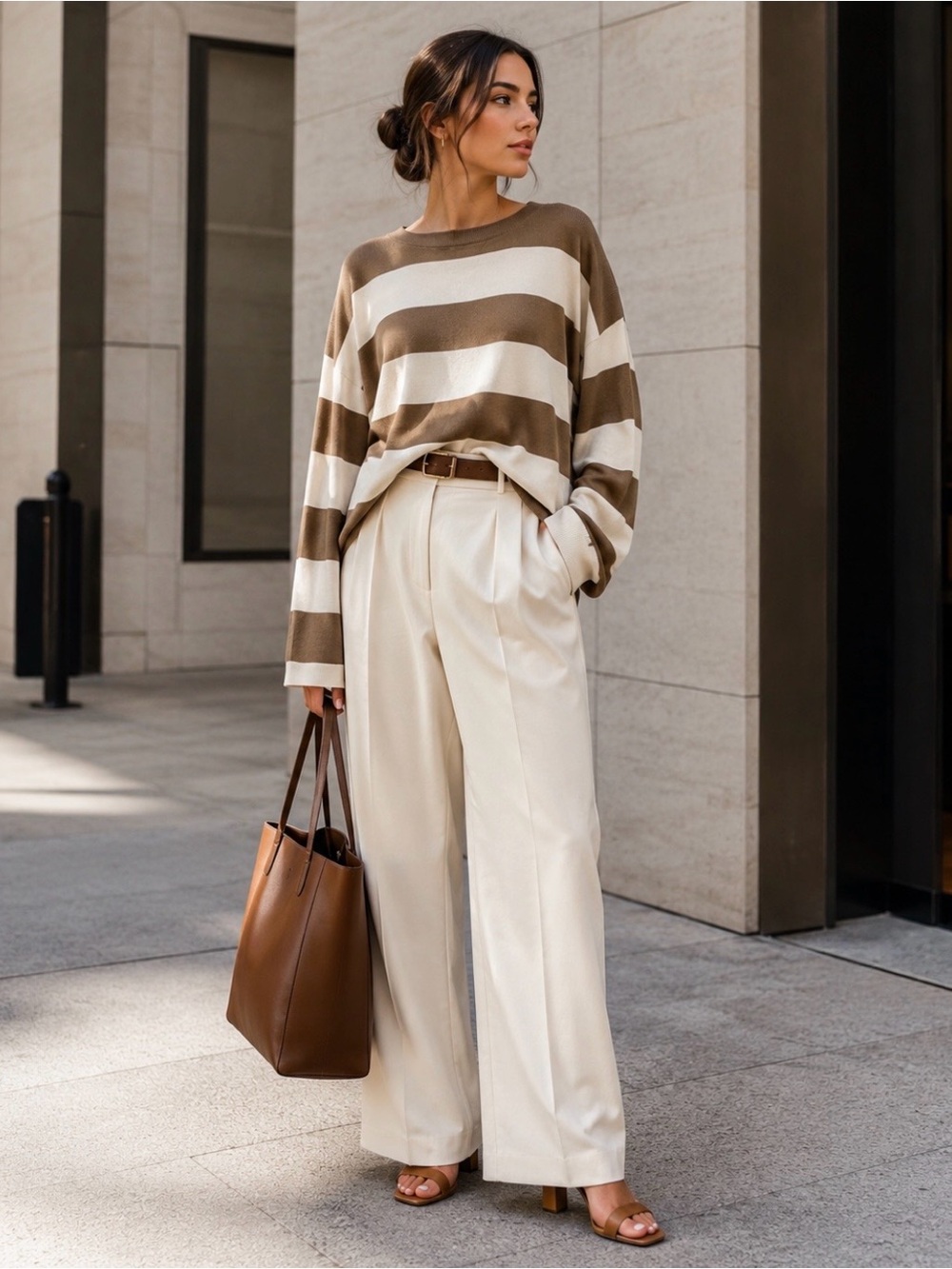 COS Oversized Striped Cotton Crewneck Sweater Brown Cream Size Large - Picture 2 of 14